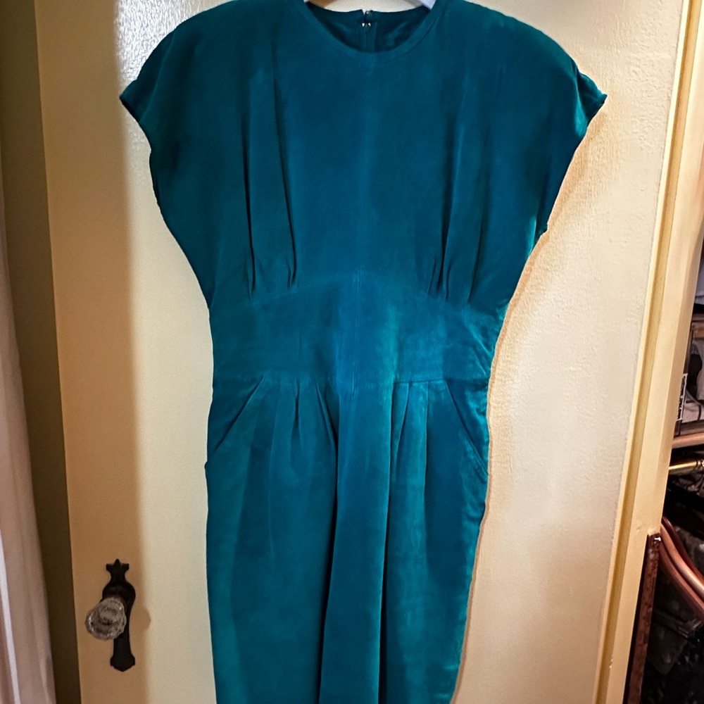 Vintage 80s Suede Dress | Teal Fitted Midi | Structured Waist Power Dress